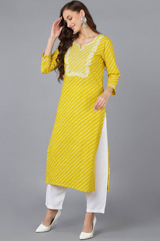 Yellow Cotton Embroidered Round Neck Kurti