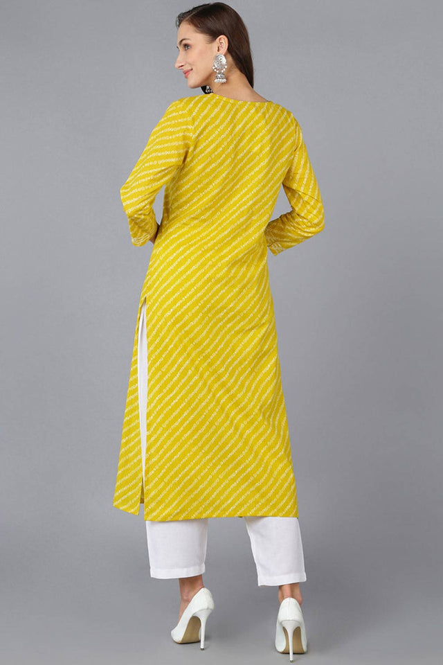 Yellow Cotton Embroidered Round Neck Kurti