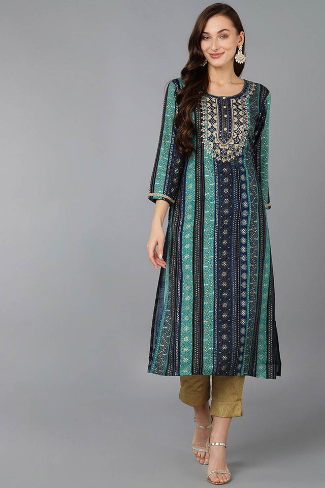 Blue Rayon Embroidered Round Neck Kurti