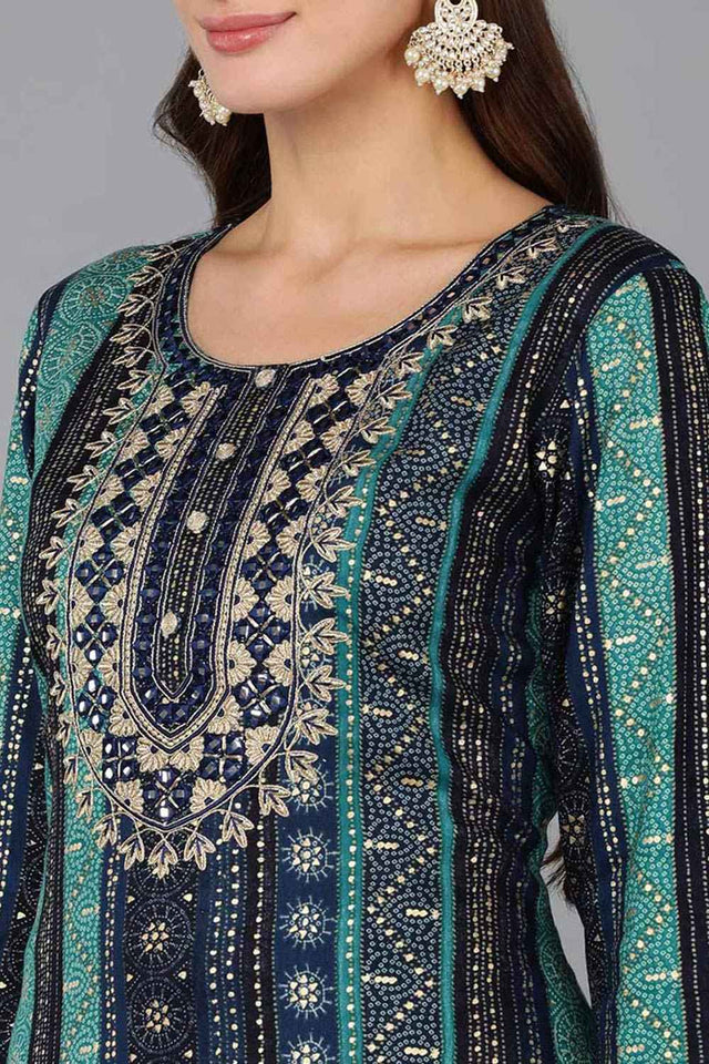Blue Rayon Embroidered Round Neck Kurti