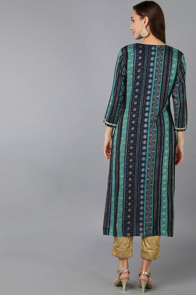 Blue Rayon Embroidered Round Neck Kurti