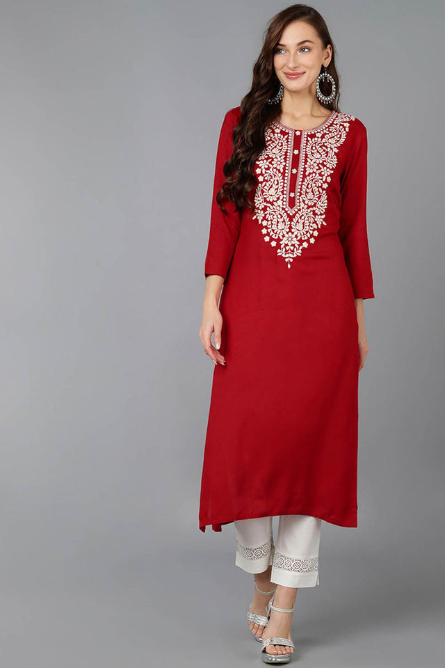 Red Rayon Embroidered Round Neck Kurti