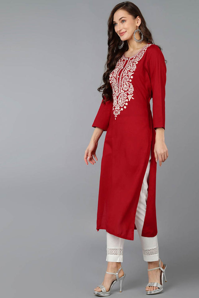 Red Rayon Embroidered Round Neck Kurti