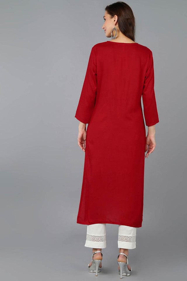 Red Rayon Embroidered Round Neck Kurti