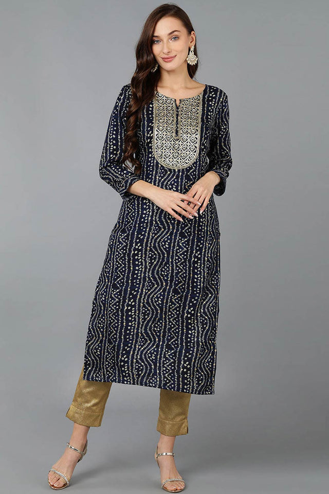 Blue Rayon Embroidered Round Neck Kurti