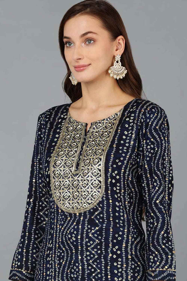 Blue Rayon Embroidered Round Neck Kurti