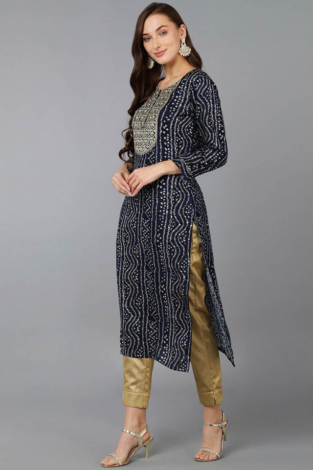 Blue Rayon Embroidered Round Neck Kurti