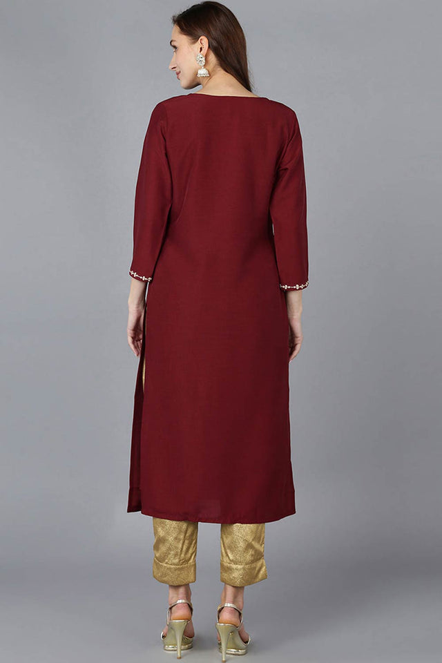 Red Silk Blend Embroidered Round Neck Kurti