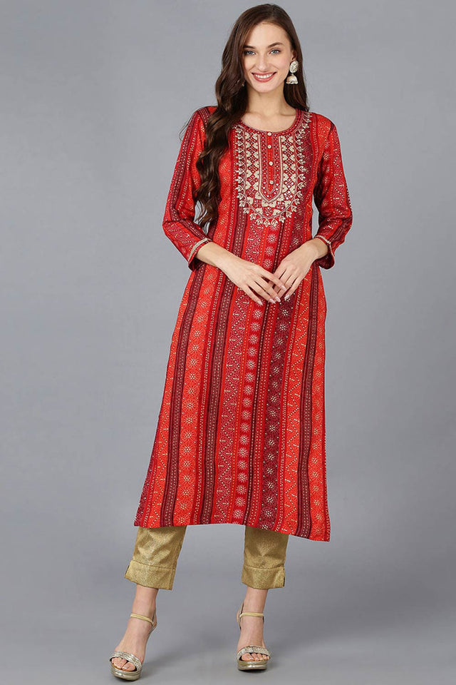 Red Rayon Embroidered Round Neck Kurti