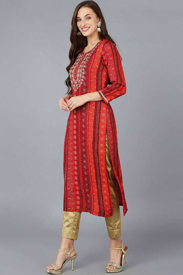 Red Rayon Embroidered Round Neck Kurti