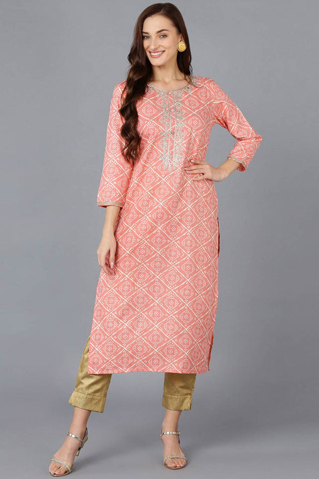 Pink Silk Blend Embroidered Round Neck Kurti