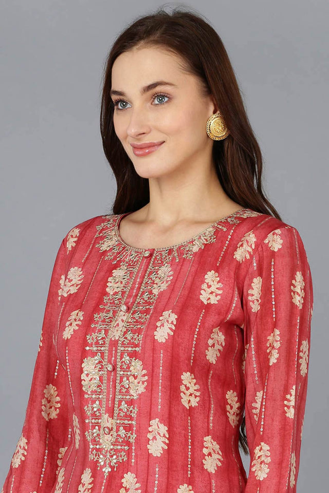 Red Silk Blend Embroidered Round Neck Kurti