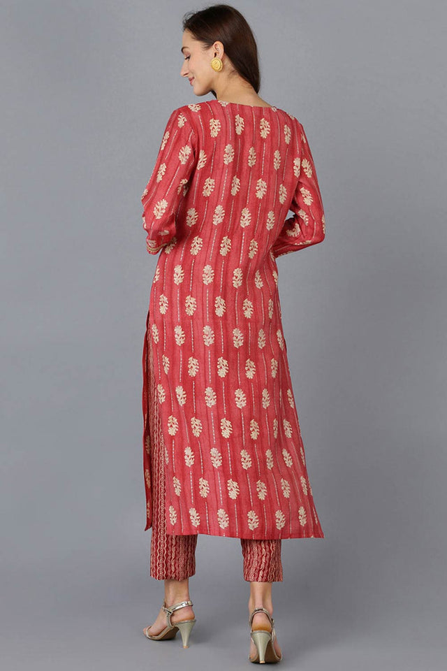 Red Silk Blend Embroidered Round Neck Kurti