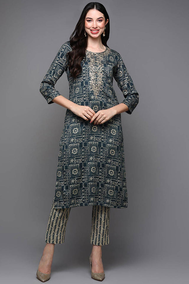 Blue Silk Blend Floral Print Round Neck Kurti