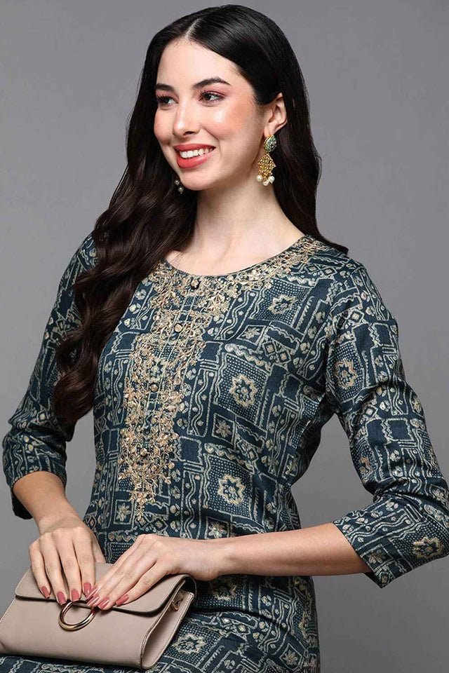 Blue Silk Blend Floral Print Round Neck Kurti