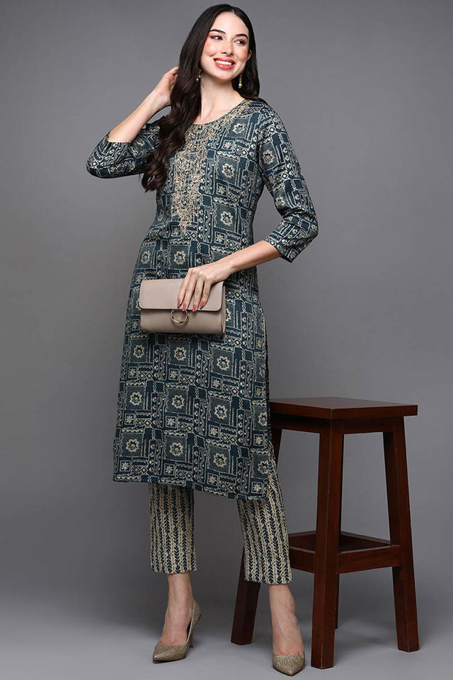 Blue Silk Blend Floral Print Round Neck Kurti