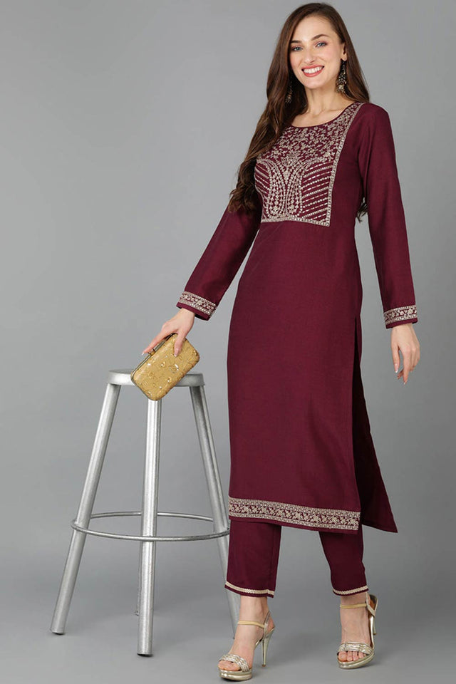 Red Silk Blend Round Neck Kurti