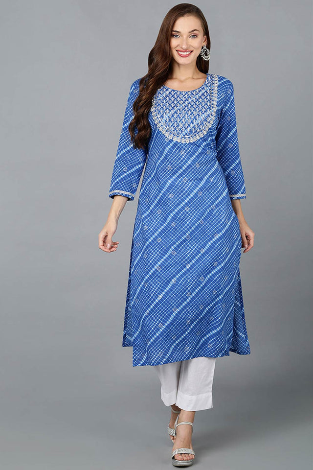 Blue Cotton Round Neck Kurti