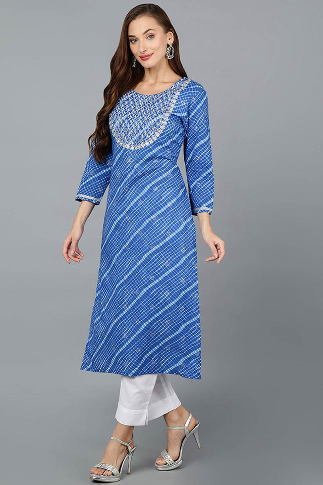 Blue Cotton Round Neck Kurti