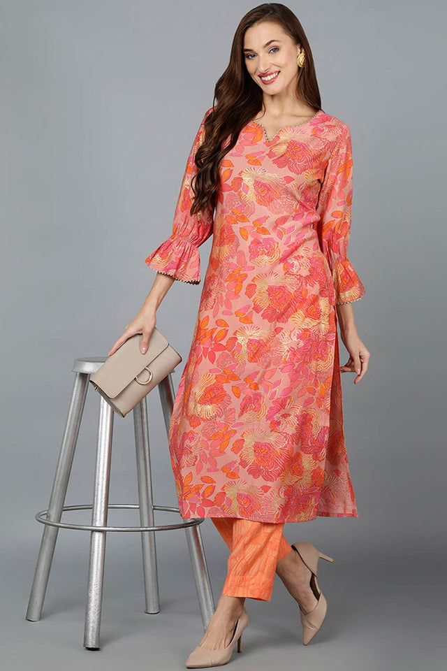 Pink Silk Blend Round Neck Kurti