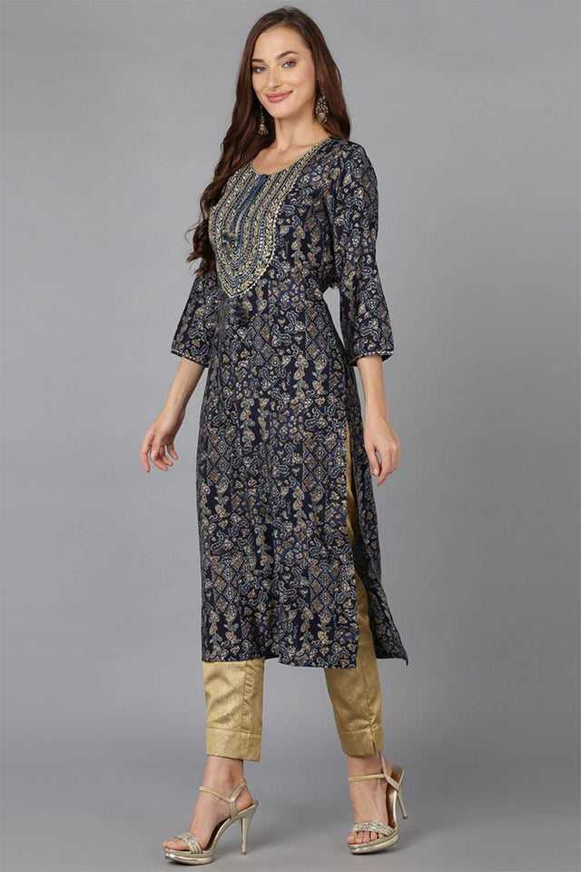 Blue Cotton Blend Printed Straight Kurti