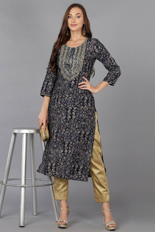 Blue Cotton Blend Printed Straight Kurti