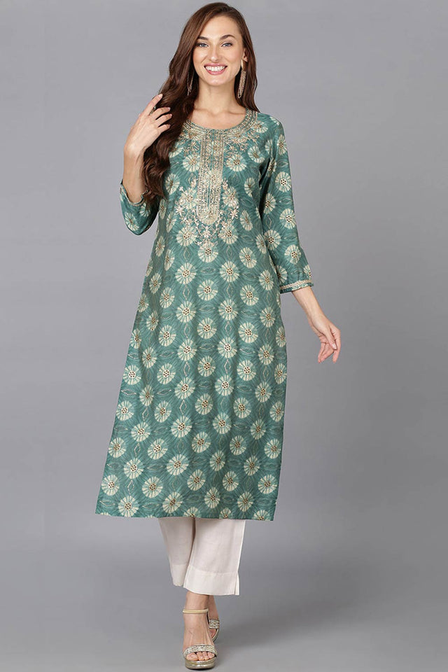 Green Silk Blend Round Neck Kurti