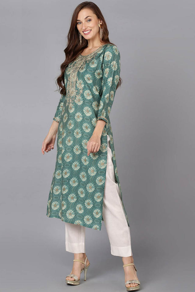 Green Silk Blend Round Neck Kurti