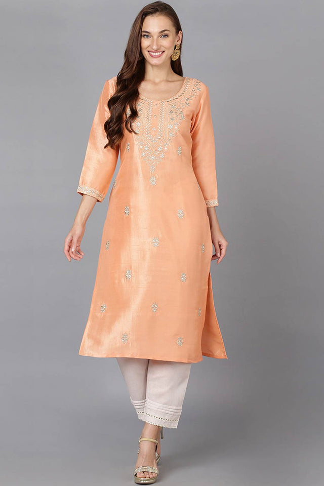 Pink Silk Blend Round Neck Kurti
