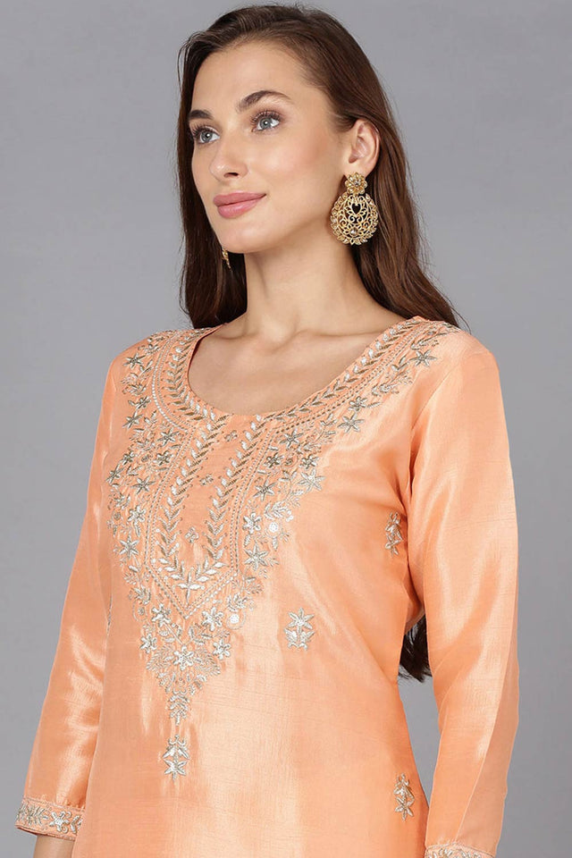 Pink Silk Blend Round Neck Kurti