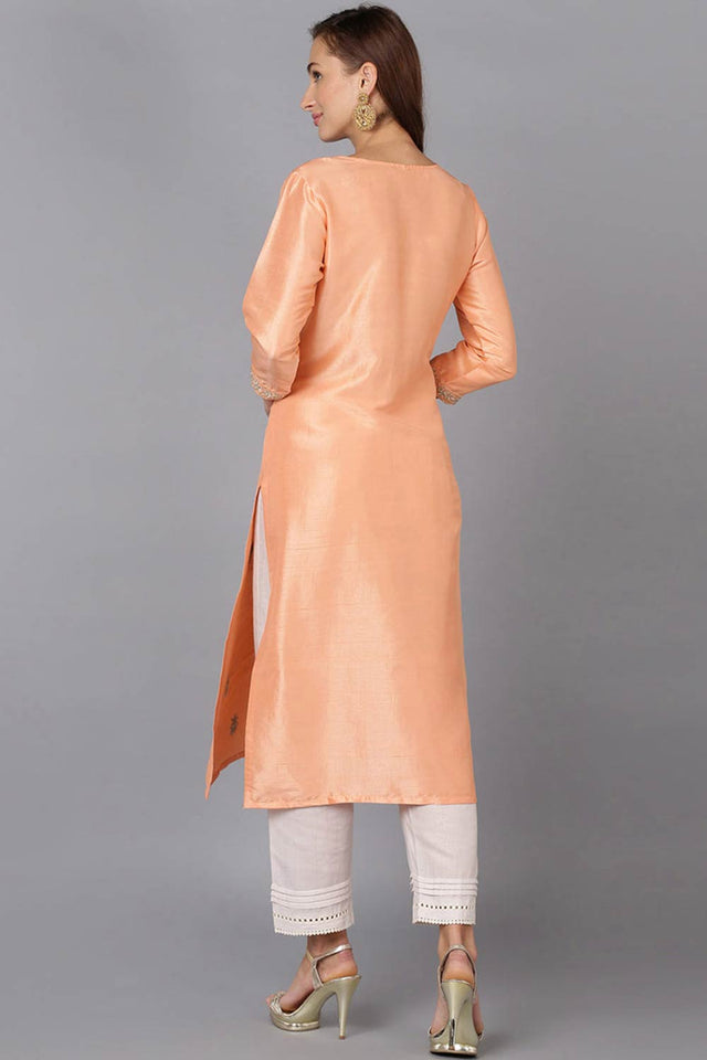 Pink Silk Blend Round Neck Kurti