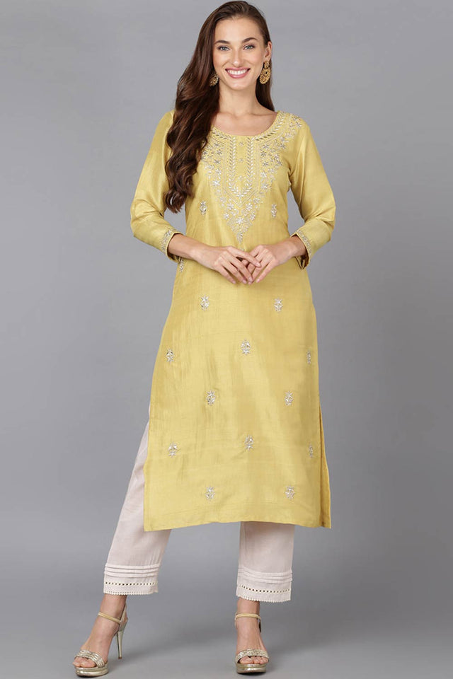 Yellow Silk Blend Round Neck Kurti