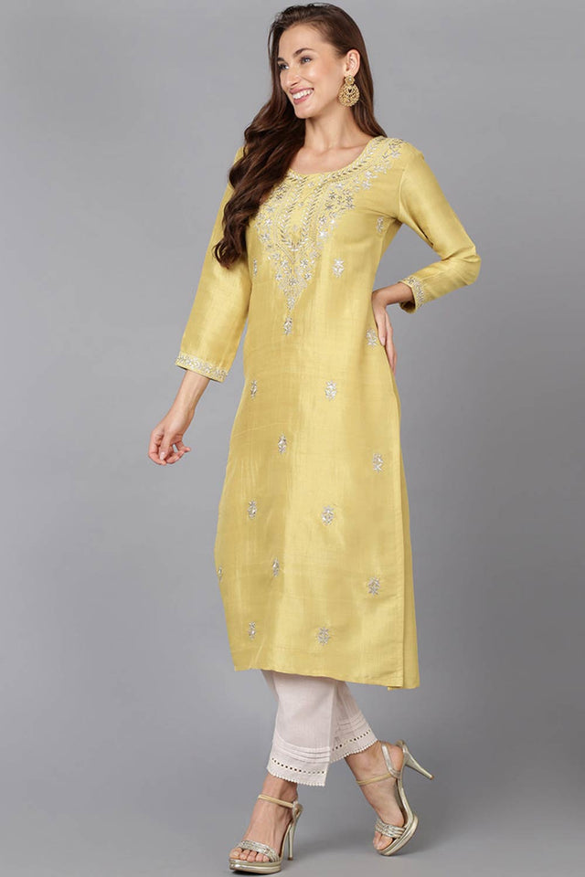 Yellow Silk Blend Round Neck Kurti