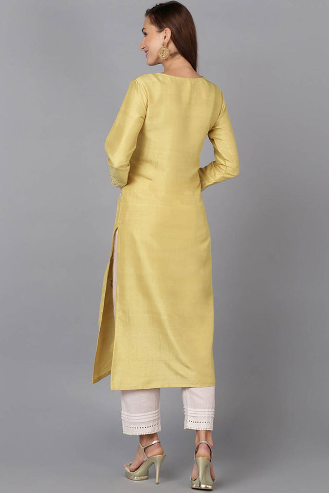 Yellow Silk Blend Round Neck Kurti
