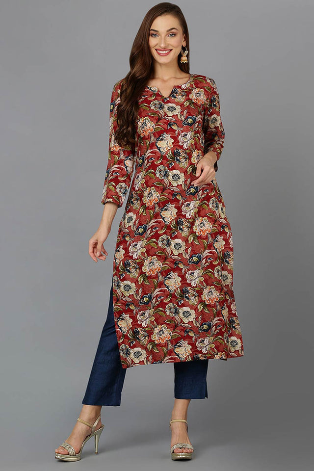Red Cotton Embroidered Round Neck Kurti