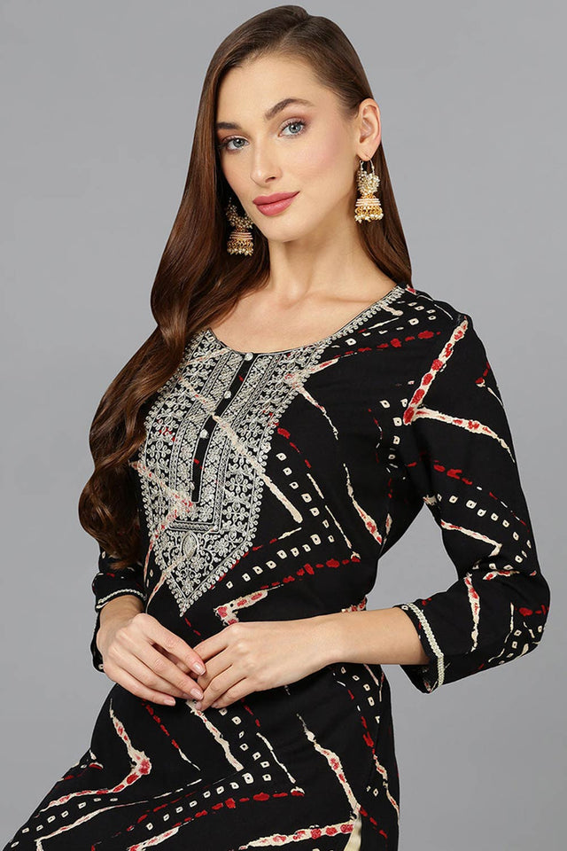 Black Rayon Printed Straight Kurti