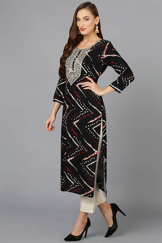 Black Rayon Printed Straight Kurti