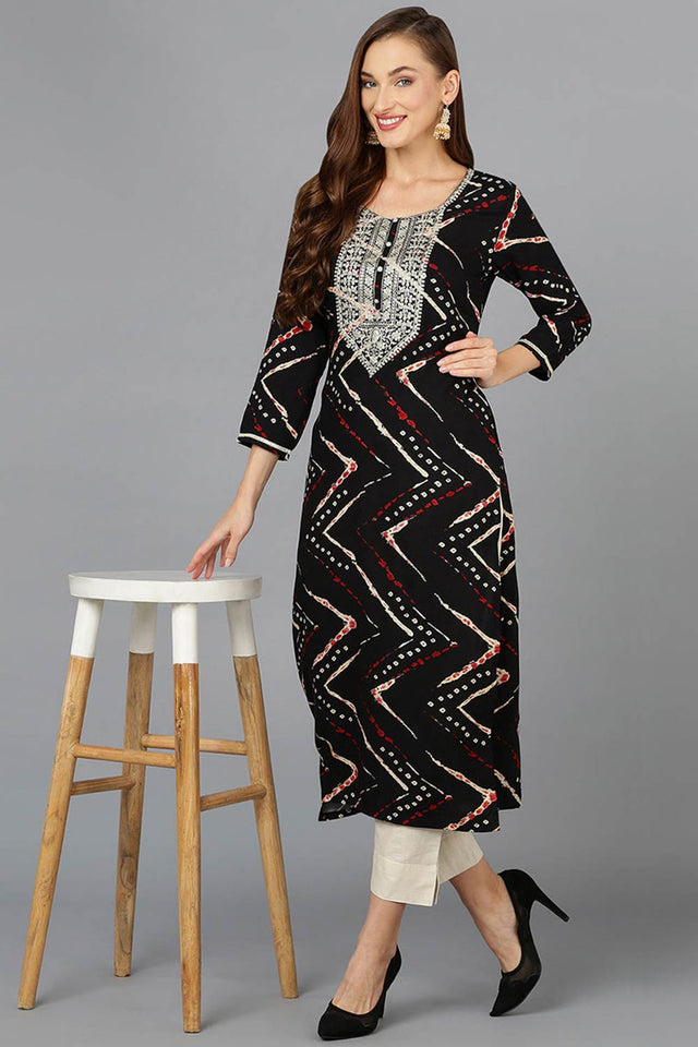 Black Rayon Printed Straight Kurti