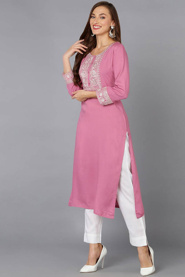Pink Rayon Embroidered Round Neck Kurti