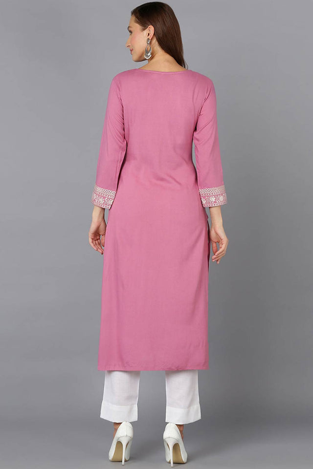 Pink Rayon Embroidered Round Neck Kurti