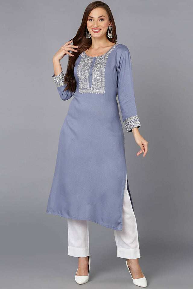 Blue Rayon Embroidered Round Neck Kurti
