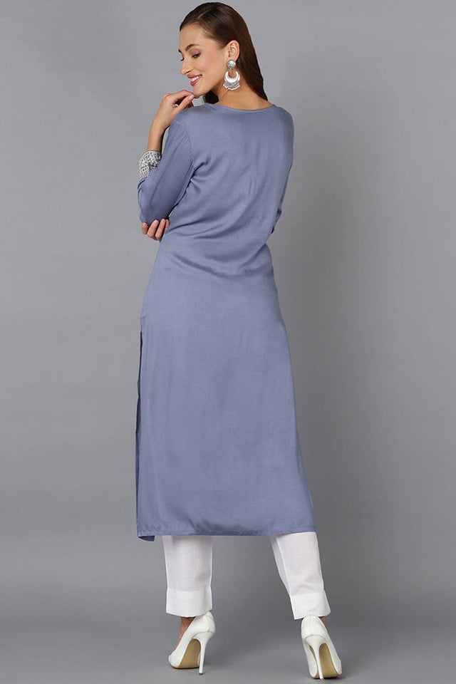 Blue Rayon Embroidered Round Neck Kurti
