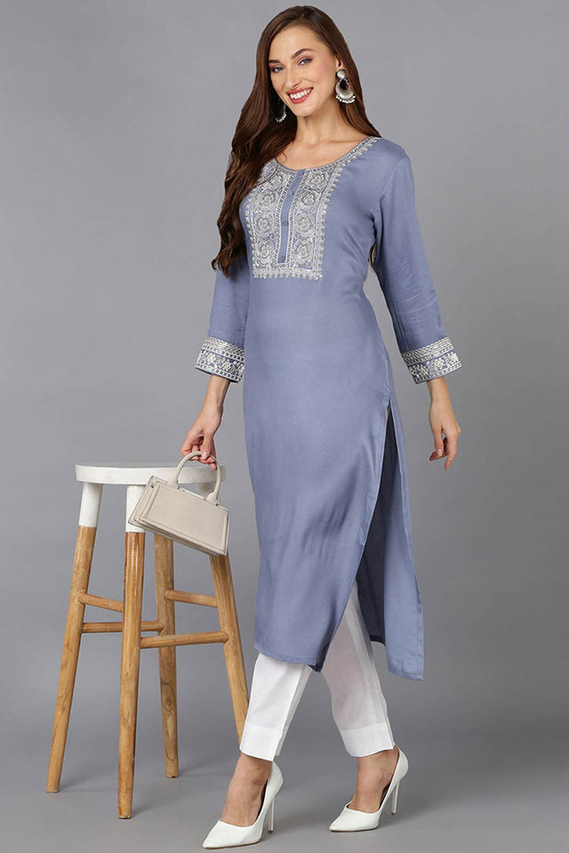 Blue Rayon Embroidered Round Neck Kurti