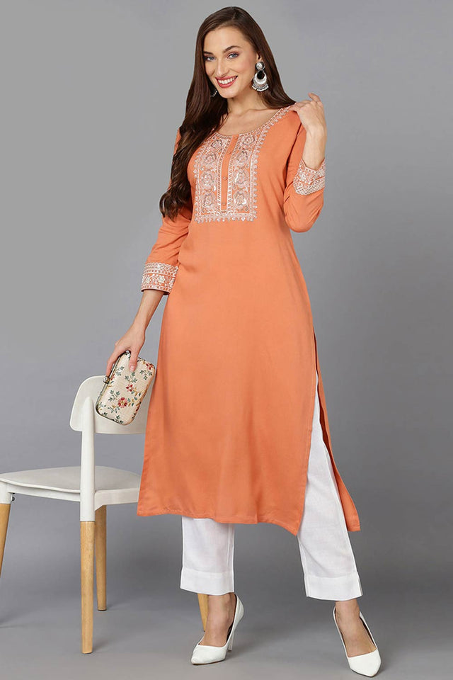 pink Rayon Floral Print Round Neck Kurti