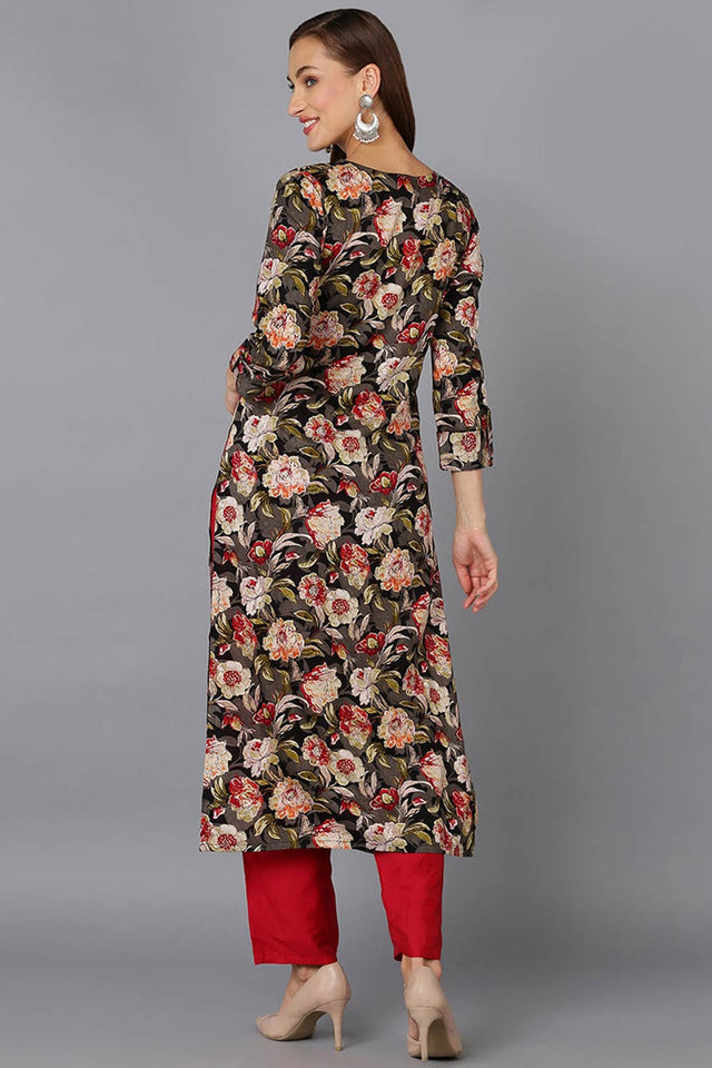 Black Cotton Floral Straight Kurti