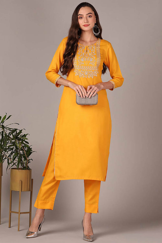 Yellow Cotton Floral Straight Kurti