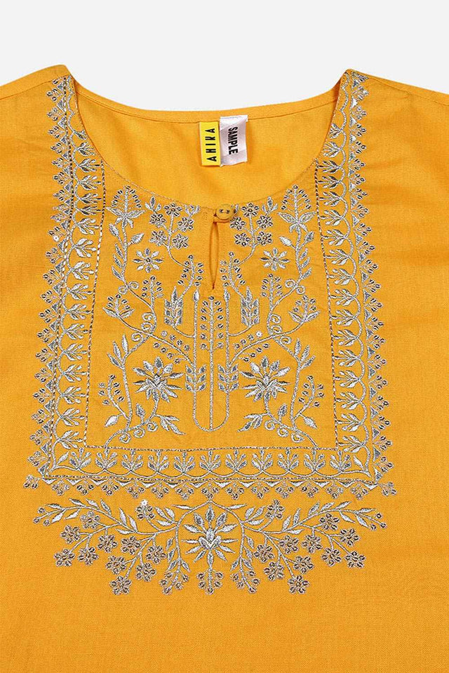 Yellow Cotton Floral Straight Kurti