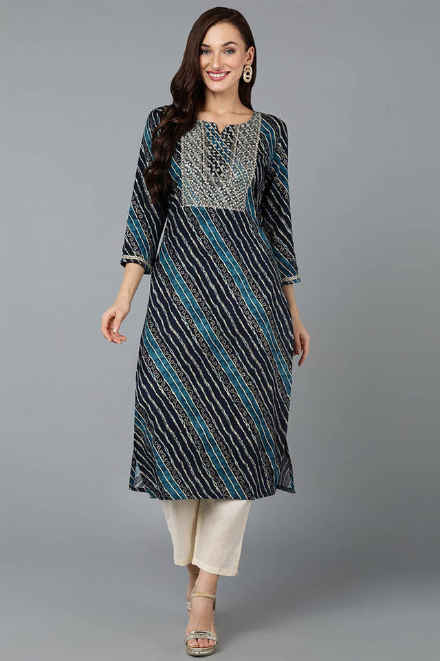Blue Cotton Printed Straight Kurti