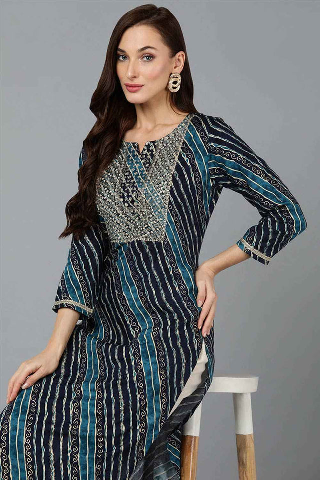 Blue Cotton Printed Straight Kurti