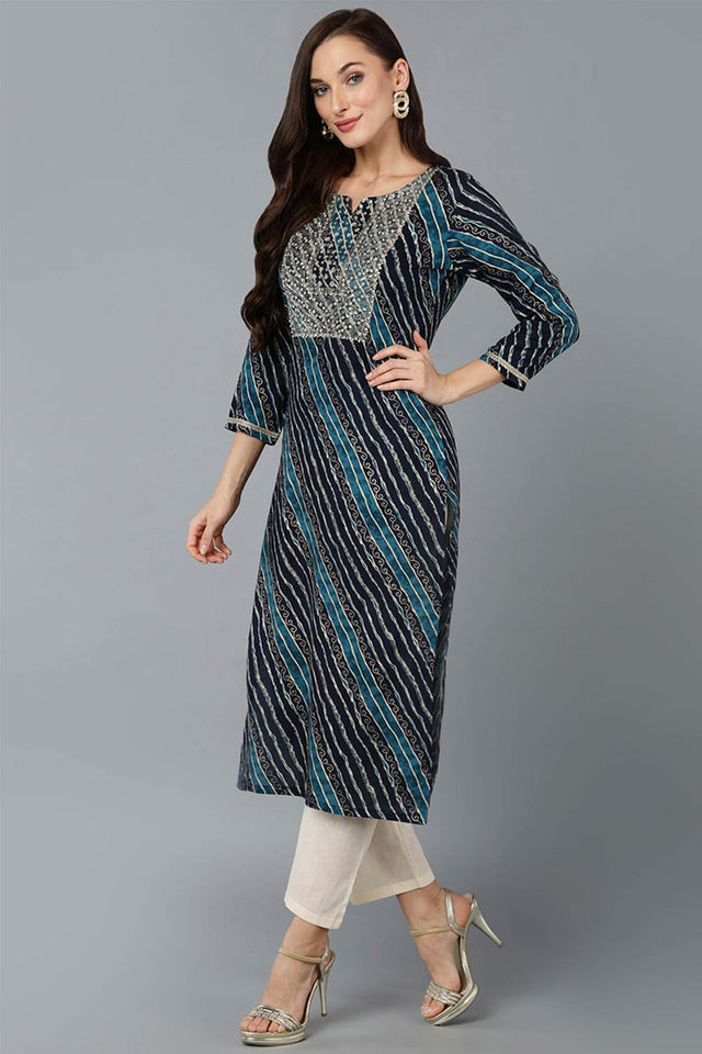 Blue Cotton Printed Straight Kurti